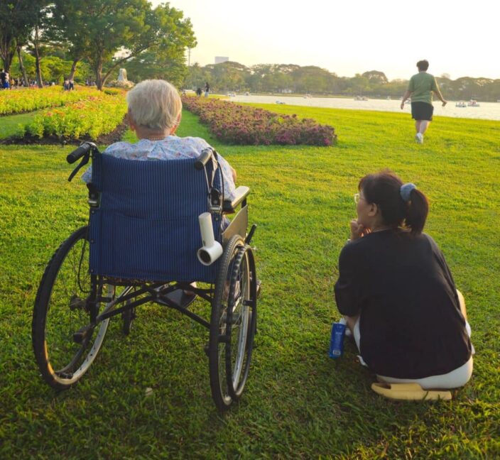 Carer and patient in wheelchair in a park